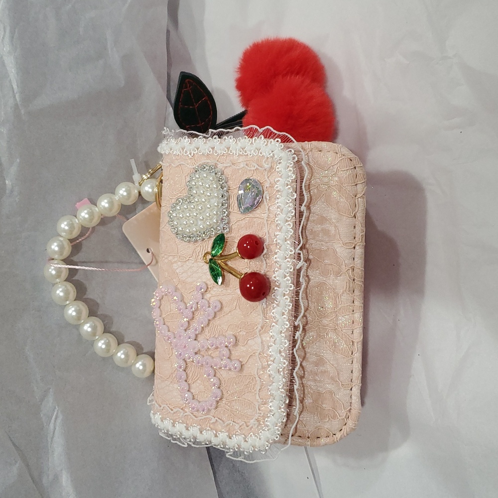 Mini blush Pink‎ lace print Pearl top Handle pom pom cherry Crossbody Bag new